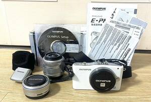 【現状品】OLYMPUS PEN Mini E-PM1 M.ZUIKO DIGITAL 17mm 1:2.8 14-42mm 1:3.5-5.6 ミラーレス一眼 カメラ レンズ 2本付き ホワイト