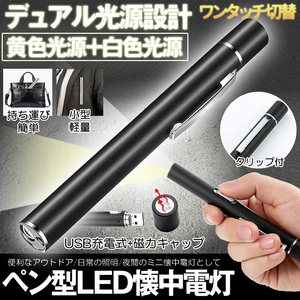 ペンライト led 懐中電灯 ダブル光源 小型 ペン型ライト ハンディライト USB充電式 ミニ 携帯便利 NISYURAI