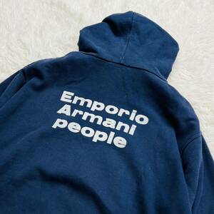 【美品】EMPORIO ARMANI エンポリオアルマーニ ジップアップパーカー フード ボーダー柄 スウェット トレーナー ロゴプリント L相当