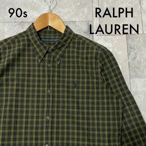 90s RALPH LAUREN ラルフローレン チェックシャツ 刺繍ロゴ 長袖シャツ インパクト21 ヴィンテージ レディース サイズ5f(M相当) 玉SS1209