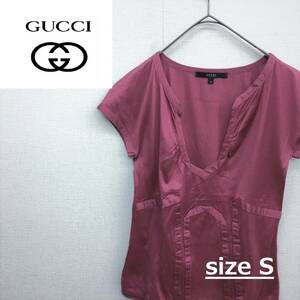 EZ2780●GUCCI 半袖 カットソー●S●ワインレッド系 フレンチスリーブ イタリア製 綿 コットン100％ レディース トップス グッチ