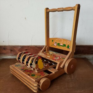 昭和レトロ 木製 手押し車 押し車 カタカタ 犬 玩具 木のおもちゃ ディスプレイ 当時物