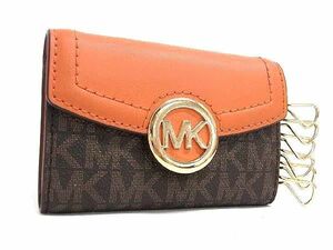 1円 ■美品■ MICHAEL KORS マイケルコース MK柄 PVC×レザー 6連 キーケース 鍵入れ レディース ブラウン系×オレンジ系 AV9879