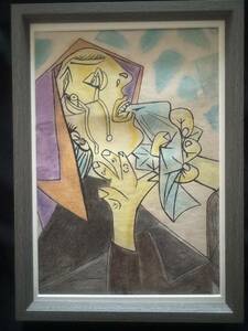 貴重肉筆！パブロ ピカソ Picasso 1937年 「泣く女」ペン画/水彩 額装　オルセ美術館作品票 ピカソ公式印有り