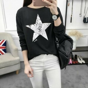 Tシャツ トップス 長袖 インナー ロンT レディース 星柄デザイン Ｌサイズ おしゃれ デニムやスキニーパンツなどに 942