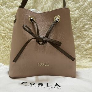 1円〜■極美品■フルラ FURLA 2wayショルダーバック コスタンザ COSTANZA シボ革 ピンクベージュ 巾着 ロゴ金具302