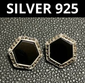 【ws275】silver 925 シルバー イヤリング オニキス? マーカサイト 六角形