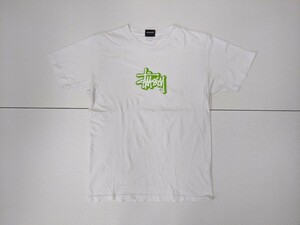 16．STUSSY ステューシー フロント デカロゴ 半袖 Tシャツ Y2K メンズS　白緑系ストリートx101