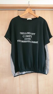 SHOO LA LUE ブラック 美品 ロゴいり 半袖 Tシャツ バッグストライプ ボーダーシャツ カットソー 切り替えシャツ 黒 L