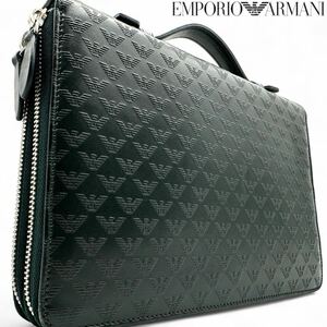 1円〜【美品】EMPORIO ARMANI エンポリオアルマーニ オーガナイザー エンボスロゴ レザー 本革 セカンドバッグ メンズ 大容量 ビジネス 