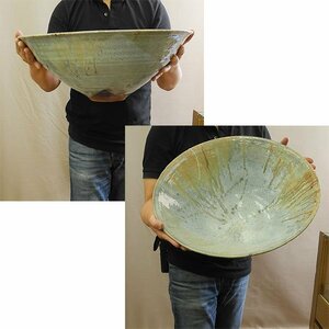 川手敏雄 大皿 48cm 灰釉 大鉢 鉢　青藍洞窯　信州 飯田市　箱なし　中古　美品　KAWATE TOSHIO インテリア　オブジェ　made in Japan