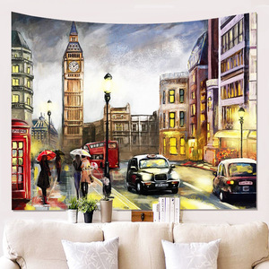 金具付きタペストリーF80　ロンドン　ビッグベン　イギリス　英国　街並み　油絵　撮影背景　　解放感　壁アート　ウォールデコ　