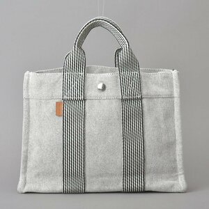 1円 美品 HERMES エルメス ニューフールトゥPM ハンドバッグ キャンバス グレー クリーニング済 ミニバッグ トートバッグ 軽量 鞄 Ma.e