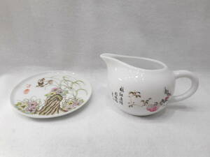 ◇台湾茶器　茶器　茶海　桃柄　プレート　花鳥　陶器　おまとめ2点　USED品　箱無し