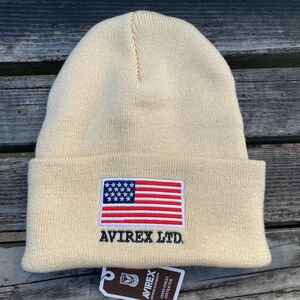 国内正規品 AVIREX アヴィレックス 星条旗 USA フラッグ ニット帽 ニットキャップ クリーム オフホワイト WHITE タグ付 刺繍ロゴ 男女兼用 