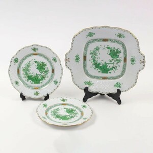 HEREND ヘレンド インドの華 グリーン プレート 平皿 スクエアプレート 金彩 グリーン 飾り皿 陶器 洋食器 3点セット #18474