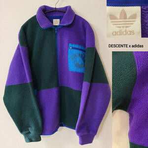 90s デサント アディダス DECENTE adidas ボア フリース ジップアップ ジャケット パープル グリーン 切り替え バイカラー トレフォイル