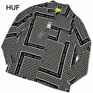 未使用 タグ付き◎XXLサイズ!!ハフ【圧巻のデザイン】HUF 総柄 ロゴ 長袖 シャツ ネイビー×アイボリー 大きいサイズ◎春夏 メンズ