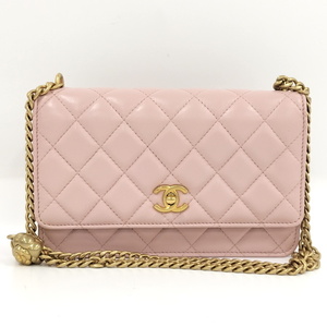 【中古】CHANEL マトラッセ カメリア チェーンウォレット 長財布 レザー ピンク AP3297