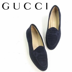 ◆GUCCI/グッチ ビット刺繍 スエード フラット スリッポン ローファー オペラ シューズ ネイビー 7B