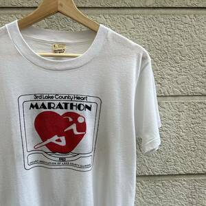 80s USA製 白 プリントTシャツ 半袖Tシャハート柄 マラソン SCREEN STARS スクリーンスターズ アメリカ製 古着 vintage ヴィンテージ L