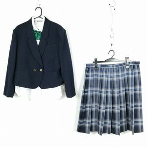 1円 ブレザー チェックスカート リボン 上下4点セット 大きいサイズ 特大 冬物 女子 学生服 中学 高校 紺 制服 中古 ランクB EY8074