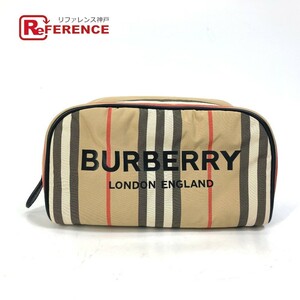 BURBERRY バーバリー 持ち手つき チェック ロゴ ポーチ クラッチバッグ カバン セカンドバッグ ナイロン ベージュ メンズ【中古】未使用