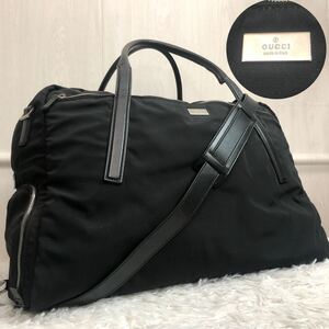 極美品●グッチ GUCCI ボストンバッグ 旅行かばん ショルダーバッグ 2way メンズ ビジネス 大容量 出張 レザー 本革 ナイロン 黒 ブラック