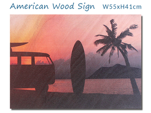 ウッデン アートピクチャー L (サンセットビーチ) 夕日 シルエット 壁掛 ヤシの木 サーフィン 写真 車 西海岸風 インテリア アメリカン雑貨