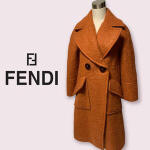 国内正規品 FENDI フェンディ モヘヤ混 肉厚ウール シャギーコート Aライン チェスターコート