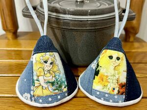 三角鍋つかみ★staubストウブ　ホーロー鍋★ミトン★鍋つかみ★デニムリメイク　　キャンディキャンディ