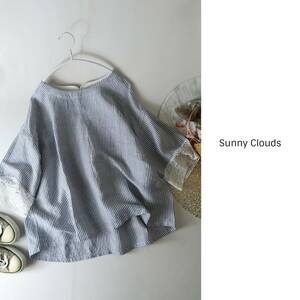 超美品☆サニークラウズ Sunny Clouds☆大きいサイズ☆洗える 袖口レース リネンストライプブラウス 3Lサイズ☆A-O 1859