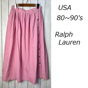 USA古着 80s～90s　USA製 Ralph Lauren シャンブレー フレアロングスカート ピンク 6 オールド ヴィンテージ ラルフローレン マキシ丈●278