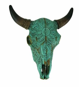 ターコイズ色花柄が刻まれたブル（雄牛）スカル頭蓋骨 壁彫刻彫像 焼き肉店 メキシコ料理 エスニック インディアン（輸入品