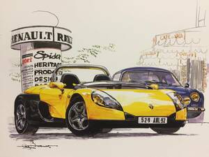 【正規品 絶版】Bowイラスト ルノー スポールスパイダー カーマガジン 227 Renault Sport Spider アンティーク クラシックカー 旧車 絵