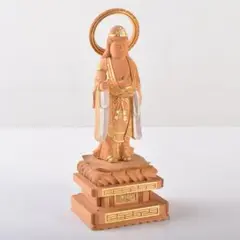 仏教美術　金彩柘植彫刻　慈母観音立像　仏像　置物　M　7076