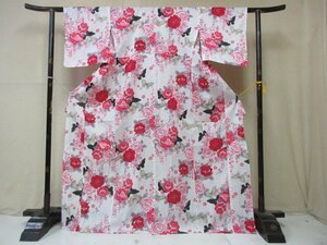 1円 良品 木綿 綿 浴衣 祭り 花火 和装 和服 白 蝶 牡丹 花柄 薔薇 お洒落 可愛い 身丈161cm 裄65cm【夢職】★★★