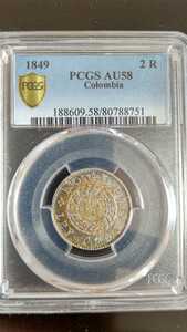 1849年　コロンビア　２レアル　ー　PCGS　AU58（記録1位）青・茶トーン有　 