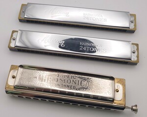 【B02-256】 HOHNER SUPER CHROMONICA Artisan HARMONICA 24TONES A調 C調 ハーモニカ 3点セット ホーナー アルチザン 12穴 24穴 「KE575」