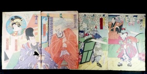 浮世絵木版画 錦絵 役者絵作品4枚セット SMN604(22−12）
