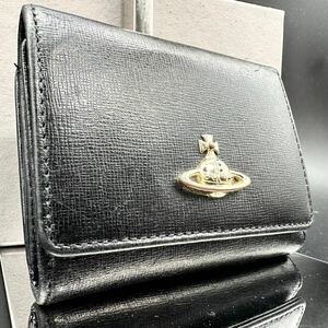 美品●VivienneWestwood ヴィヴィアンウエストウッド オーブ レザー 本革 がま口 三つ折り 財布 ウォレット ブラック 黒 AV8969 レディース