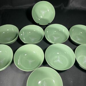 三田青磁　鯉文　鎬緑茶碗十客組　茶道具　古伊万里［6］888