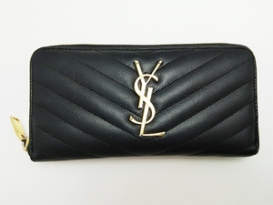 B24-528 YVES SAINT LAURENT イヴサンローラン 358094 ラウンドファスナー長財布 Vステッチ キャビアスキン ブラック レザー※表面ベタつき