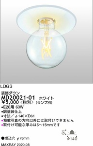 MAXRAY ダウンライト (MD20021-01) E26口金用 + USHIO (LDG3L-G/D/22/9) LEDフィラメント電球 2200K 赤系電球色