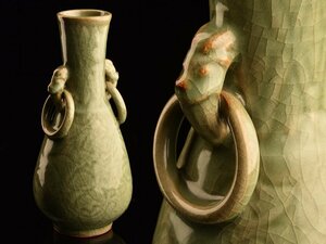 【琴》送料無料 中国美術 時代 青磁不遊環花瓶 高25cm WK403
