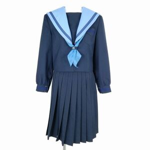 1円 セーラー服 スカート スカーフ 上下3点セット 155A 冬物 青3本線 女子 学生服 大阪三原台中学 紺 制服 中古 ランクB NA1726