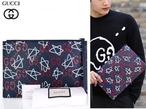 価格17万新品本物グッチGUCCIイタリア製【限定コラボ!!注目度◎GGゴーストGHOST】本革レザーセカンド・クラッチバッグ/ポーチ/メンズ/紺