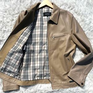 L●美品BURBERRY BLACK LABEL バーバリーブラックレーベル 羊革 ライダース シングル ジャケット ベージュ キャメル ラムレザー メンズ 