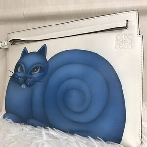 超美品/超希少●ロエベ LOEWE クラッチバッグ セカンドバッグ Tポーチ メンズ ビジネス 猫 ネコアナグラム 本革 レザー 白 ホワイト 青