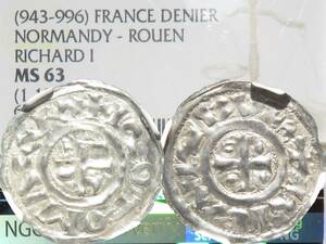 943年 MS63 ドゥニエ 銀貨 フランス ノルマンディー公国 リシャール1世 NGC 鑑定 未使用 中世 ルーアン 十字架 denier